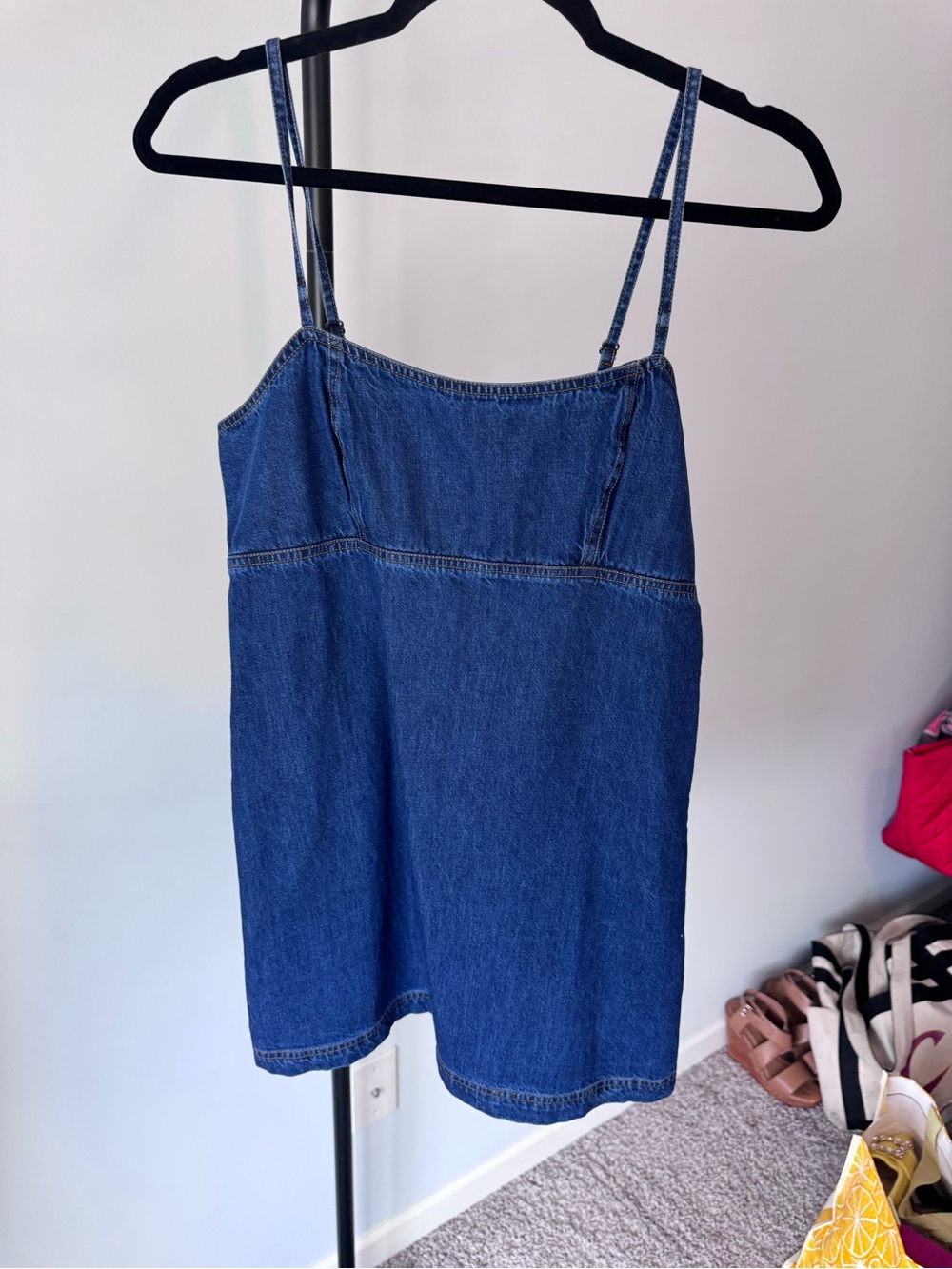 Denim Mini Dress with Spaghetti Straps - Blue